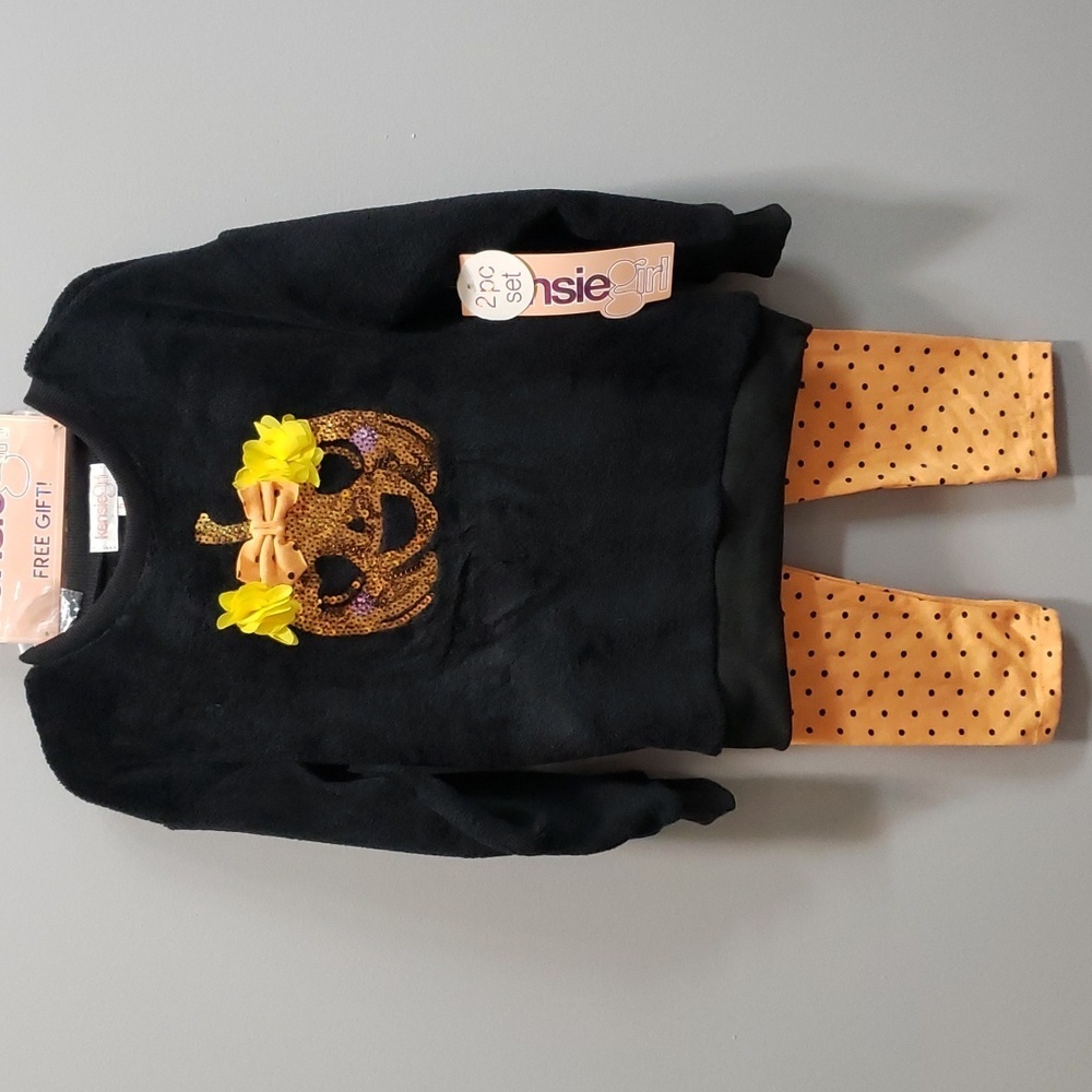 Kensie Girl 3-piece Plush Black Top with Polka Dot Leggings and Hea…